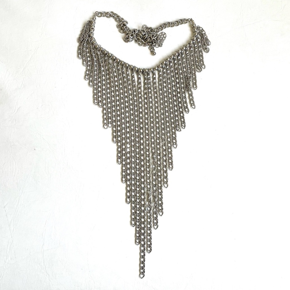 SILVER METAL COLLAR NECKLACE CASCADING CHAIN LINKS ADJUSTABLE VINTAGE